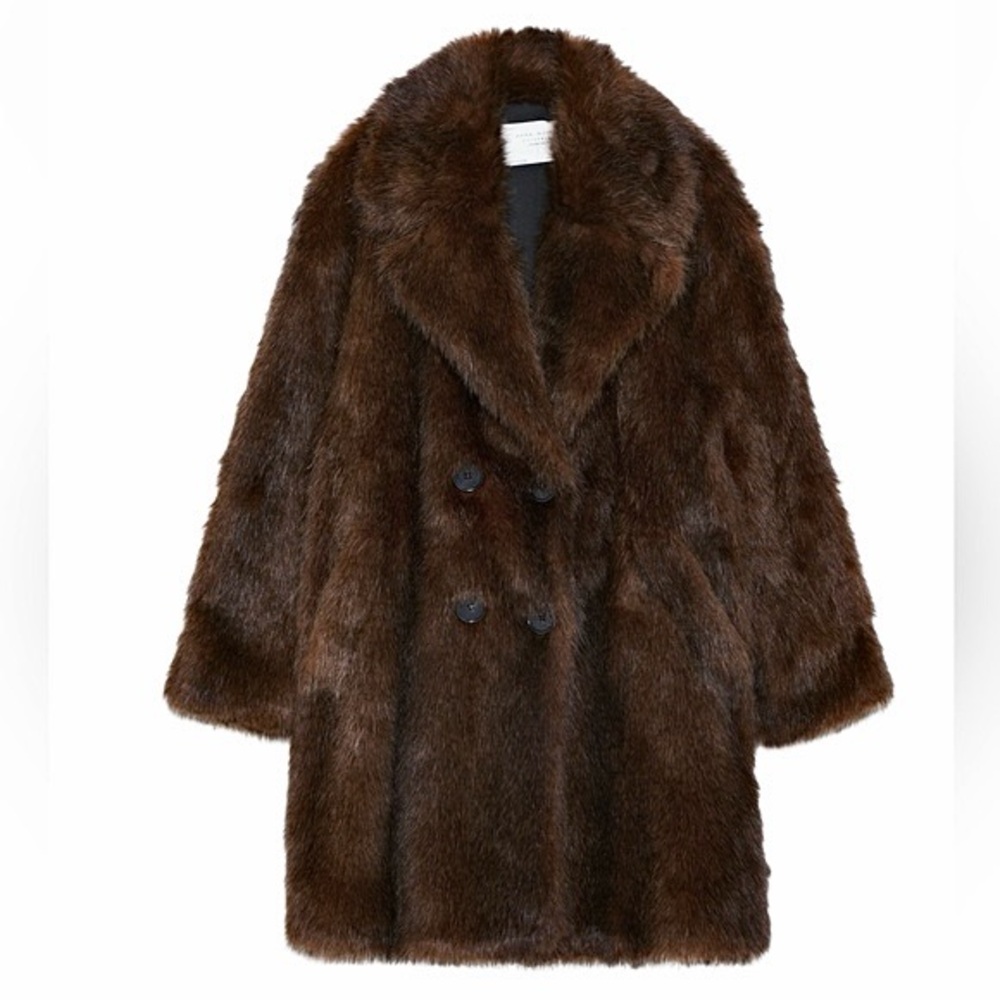 Zara luxurious brown / black collared double breasted button front faux fur coat